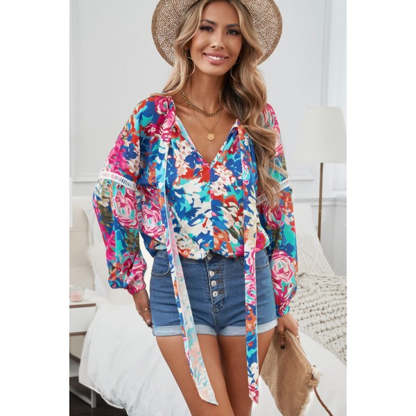 Multicolor Floral Print Belt Bubble Sleeve Top