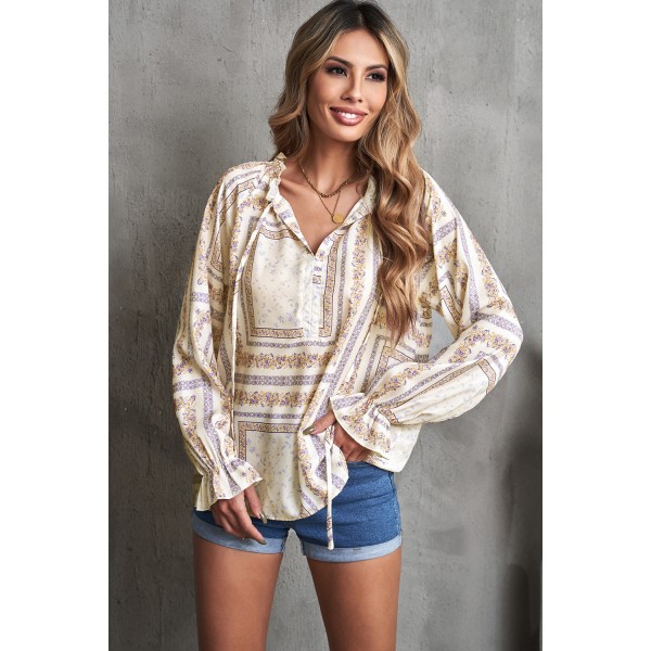 Beige V Neck Lantern Sleeve Drawstring Tribal Print Top