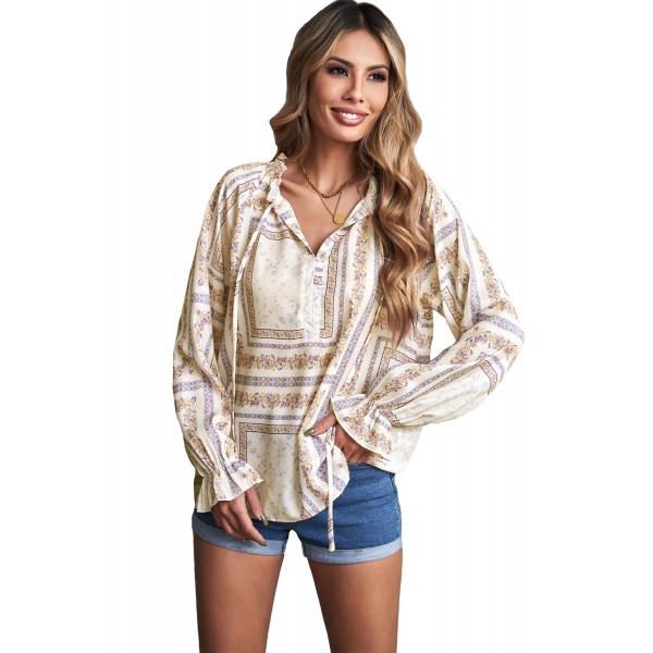 Beige V Neck Lantern Sleeve Drawstring Tribal Print Top