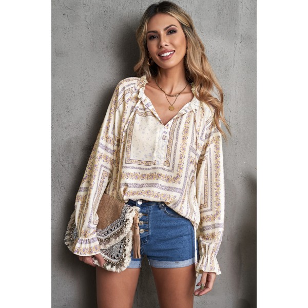 Beige V Neck Lantern Sleeve Drawstring Tribal Print Top