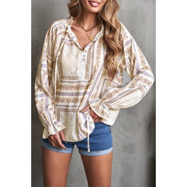 Beige V Neck Lantern Sleeve Drawstring Tribal Print Top