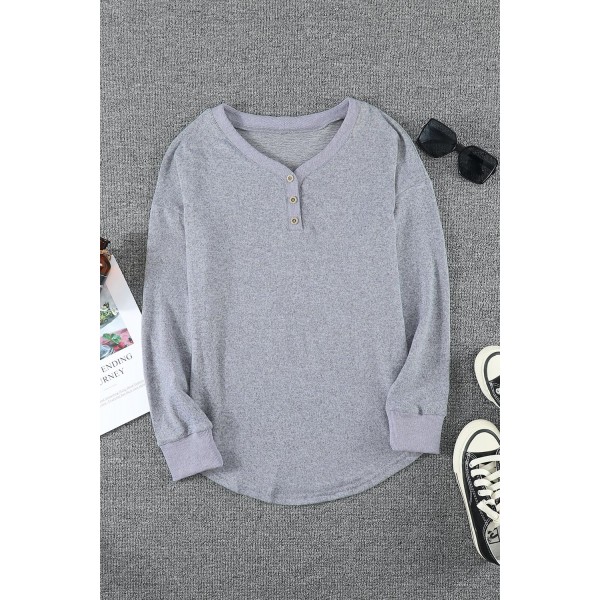 Gray V Neck Buttons Patchwork Cuffs Top
