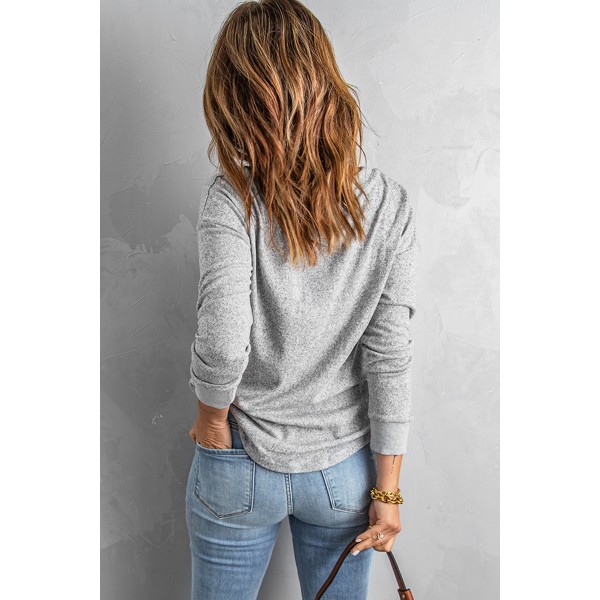 Gray V Neck Buttons Patchwork Cuffs Top