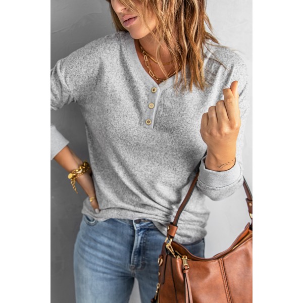 Gray V Neck Buttons Patchwork Cuffs Top