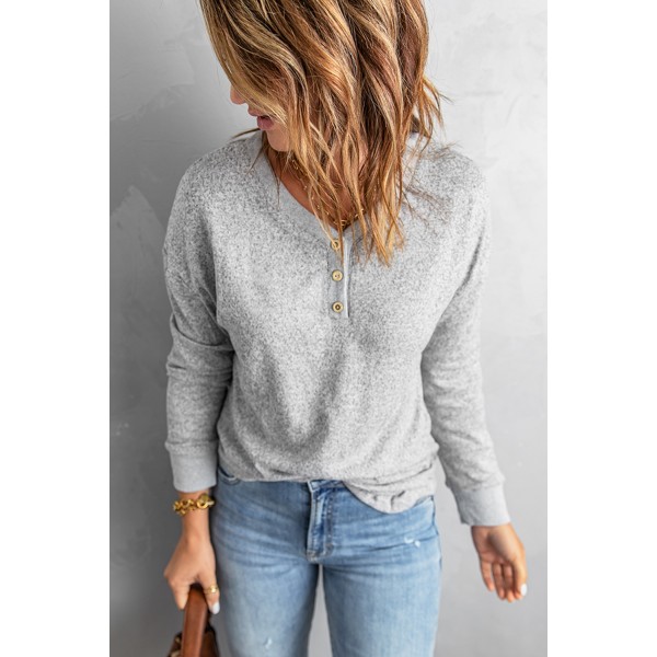 Gray V Neck Buttons Patchwork Cuffs Top