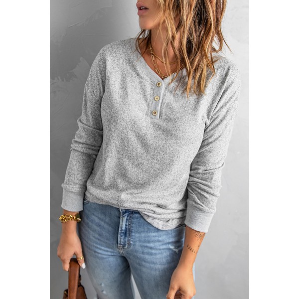 Gray V Neck Buttons Patchwork Cuffs Top