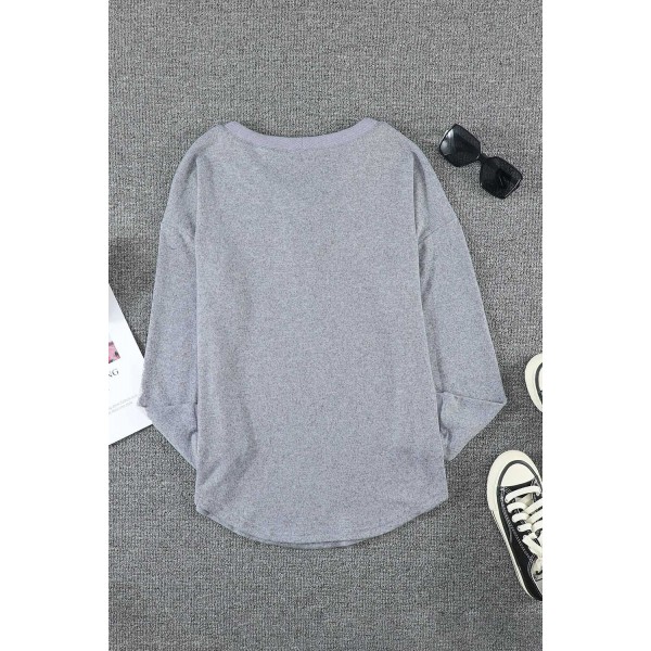 Gray V Neck Buttons Patchwork Cuffs Top