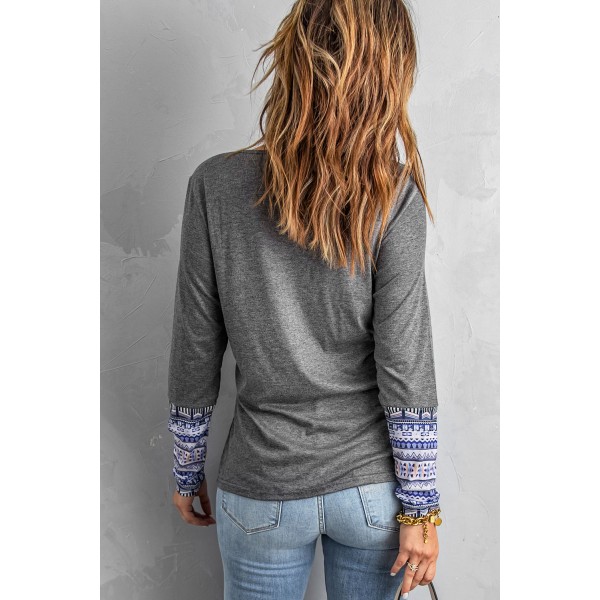 Gray Aztec Patch Button V Neck Blouse