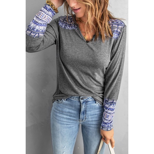 Gray Aztec Patch Button V Neck Blouse
