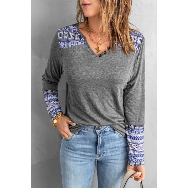 Gray Aztec Patch Button V Neck Blouse