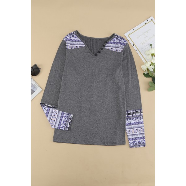 Gray Aztec Patch Button V Neck Blouse