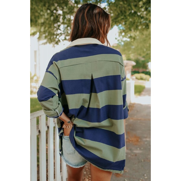 Striped Colorblock Turn-down Button Tab-sleeve Top with Slits