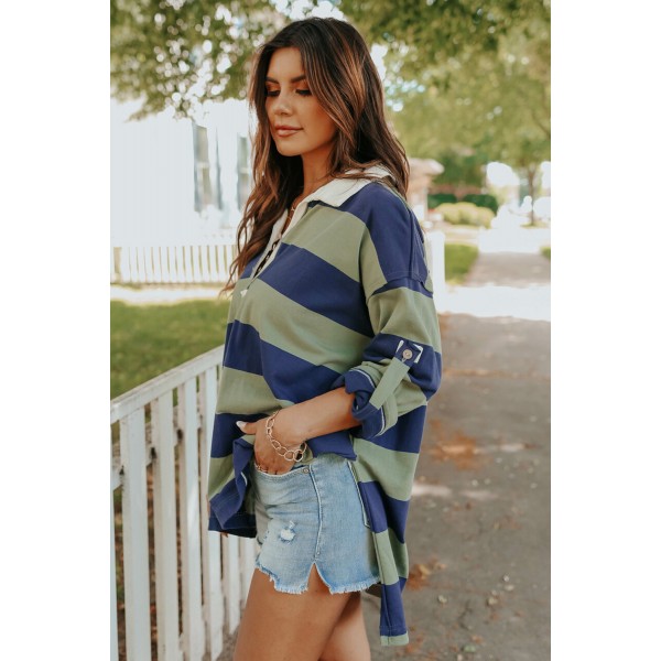 Striped Colorblock Turn-down Button Tab-sleeve Top with Slits