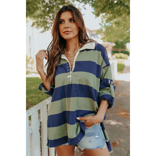 Striped Colorblock Turn-down Button Tab-sleeve Top with Slits