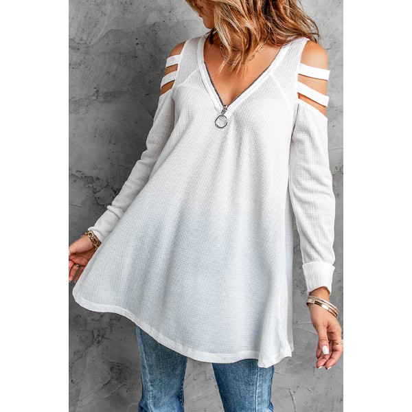 White Zip Neck Cut-out Waffle Knit Long Sleeve Top