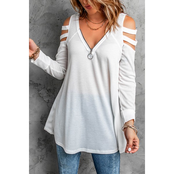 White Zip Neck Cut-out Waffle Knit Long Sleeve Top