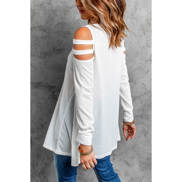White Zip Neck Cut-out Waffle Knit Long Sleeve Top