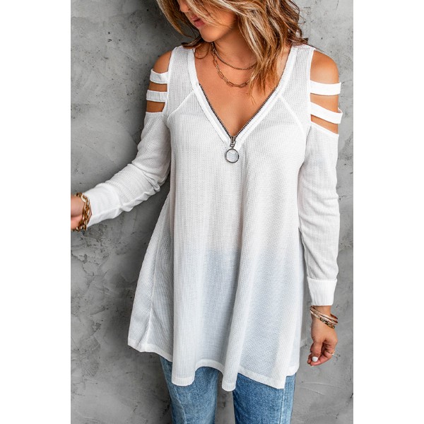 White Zip Neck Cut-out Waffle Knit Long Sleeve Top