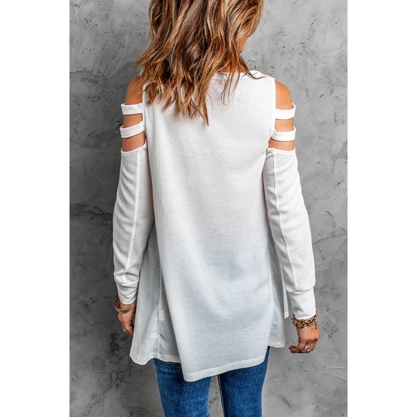 White Zip Neck Cut-out Waffle Knit Long Sleeve Top