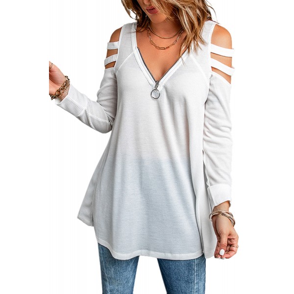 White Zip Neck Cut-out Waffle Knit Long Sleeve Top