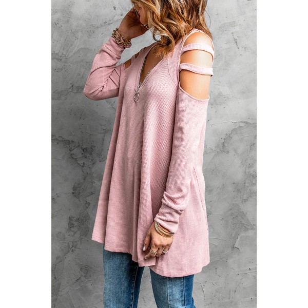 Pink Zip Neck Cut-out Waffle Knit Long Sleeve Top