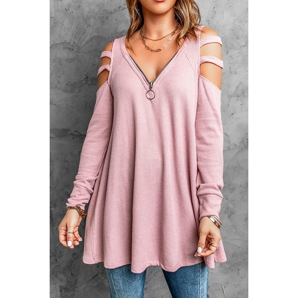 Pink Zip Neck Cut-out Waffle Knit Long Sleeve Top