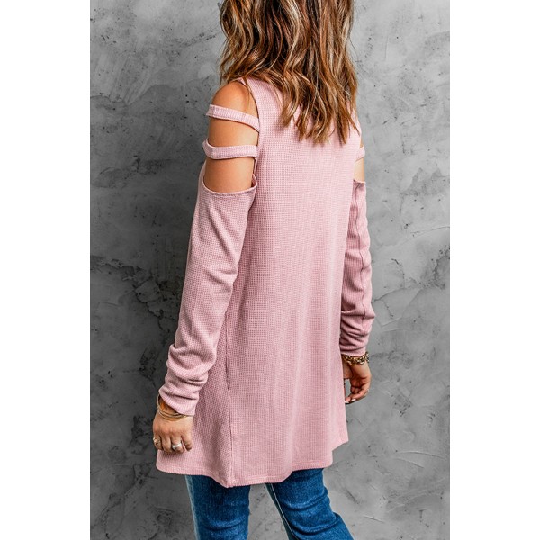 Pink Zip Neck Cut-out Waffle Knit Long Sleeve Top