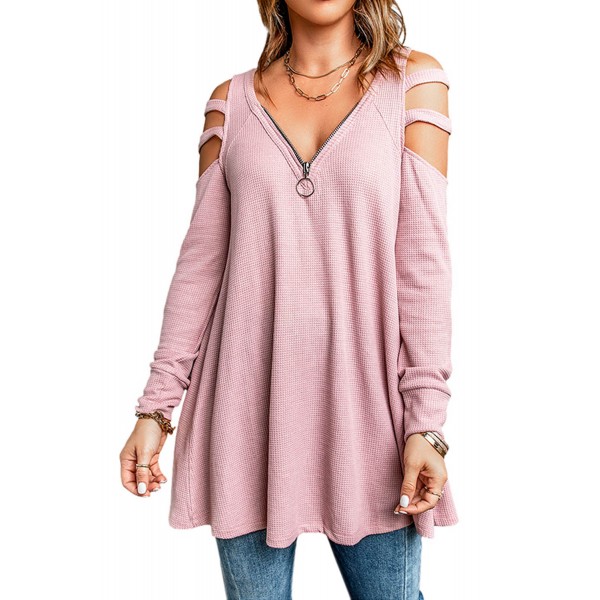 Pink Zip Neck Cut-out Waffle Knit Long Sleeve Top