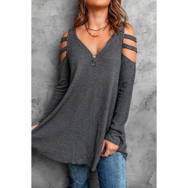 Gray Zip Neck Cut-out Waffle Knit Long Sleeve Top