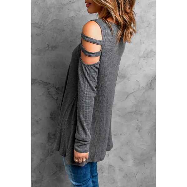 Gray Zip Neck Cut-out Waffle Knit Long Sleeve Top