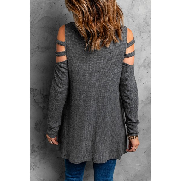Gray Zip Neck Cut-out Waffle Knit Long Sleeve Top
