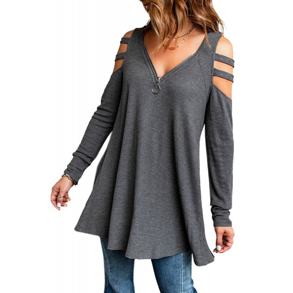 Gray Zip Neck Cut-out Waffle Knit Long Sleeve Top