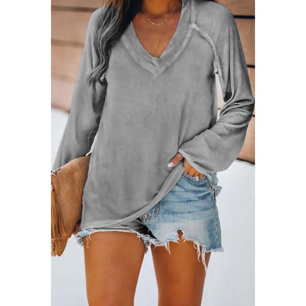 Gray V Neck Casual Long Sleeve Top