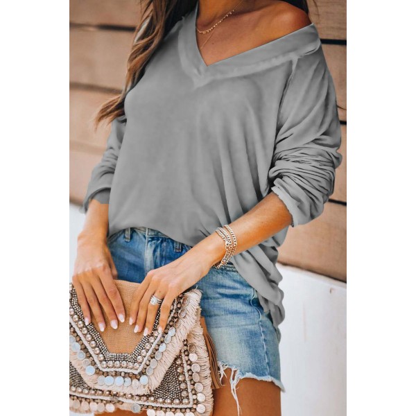 Gray V Neck Casual Long Sleeve Top