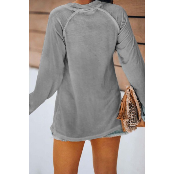 Gray V Neck Casual Long Sleeve Top