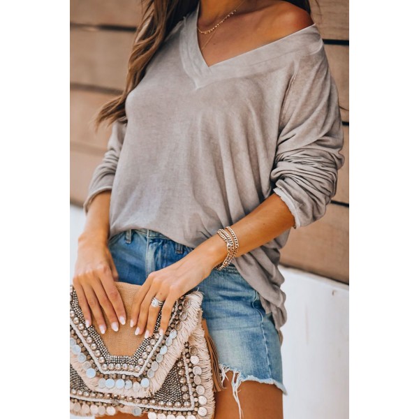 Apricot V Neck Casual Long Sleeve Top