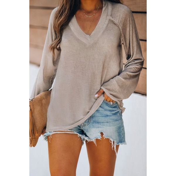 Apricot V Neck Casual Long Sleeve Top