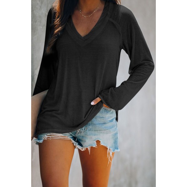 Black V Neck Casual Long Sleeve Top