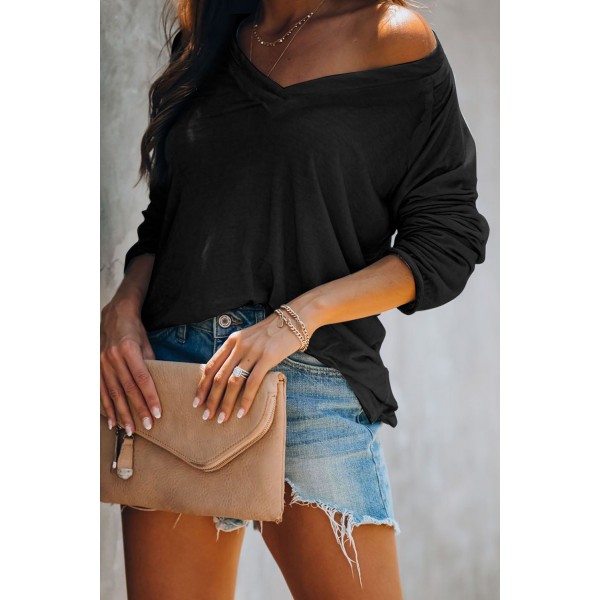 Black V Neck Casual Long Sleeve Top