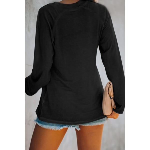 Black V Neck Casual Long Sleeve Top