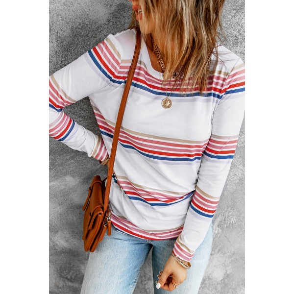 White Stripe Print Crew Neck Long Sleeve Top