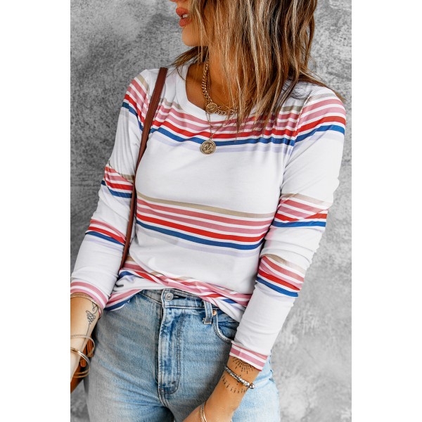 White Stripe Print Crew Neck Long Sleeve Top