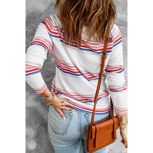 White Stripe Print Crew Neck Long Sleeve Top