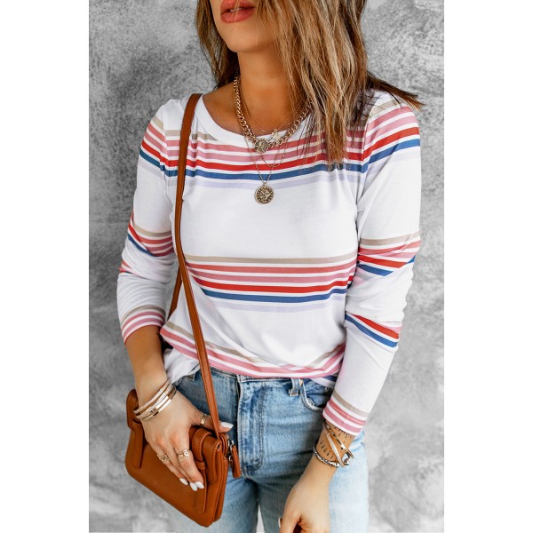 White Stripe Print Crew Neck Long Sleeve Top