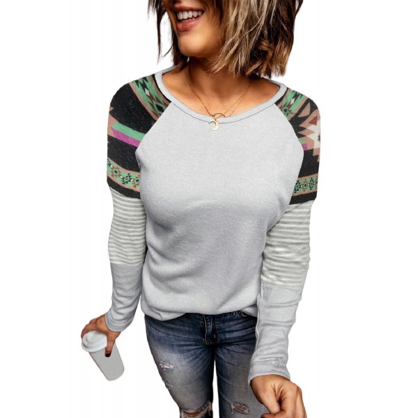 Round Neck Tribal Striped Raglan Top