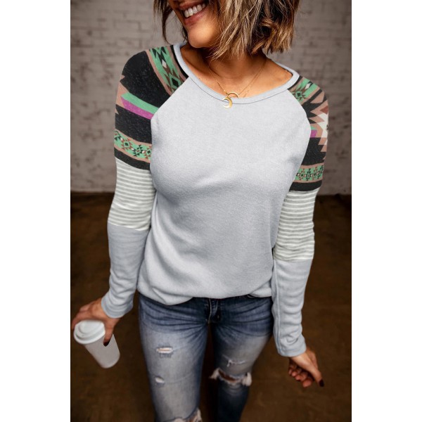 Round Neck Tribal Striped Raglan Top