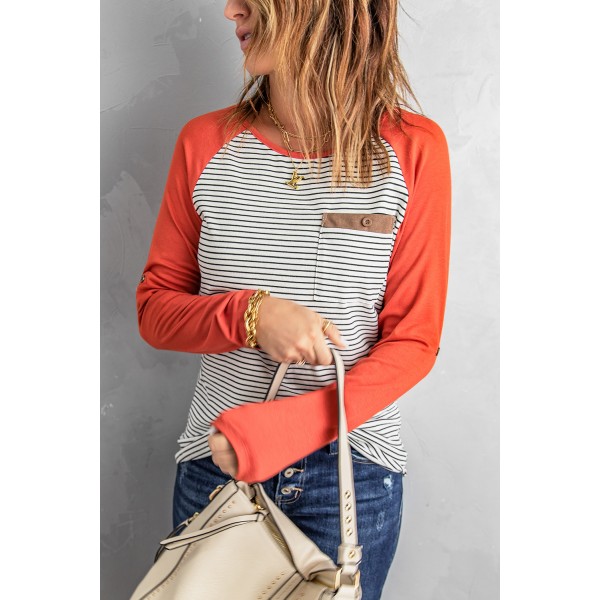 Raglan Sleeve Splicing Striped Top with Pocket