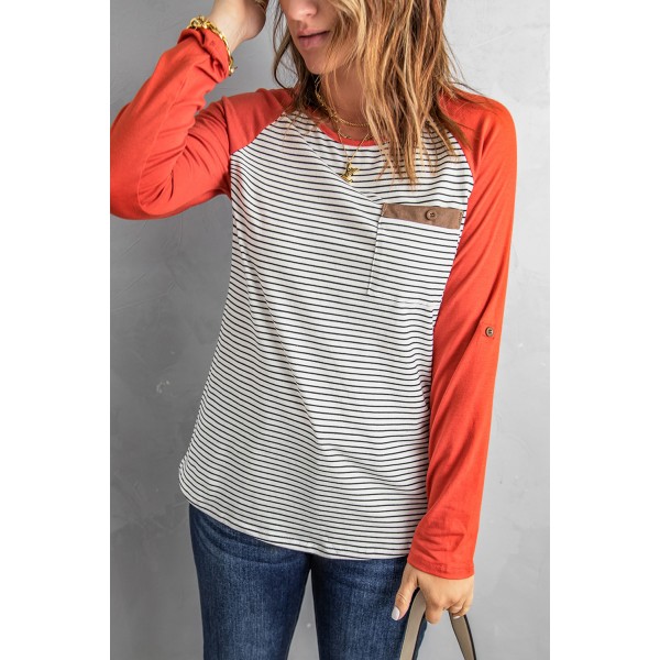Raglan Sleeve Splicing Striped Top with Pocket