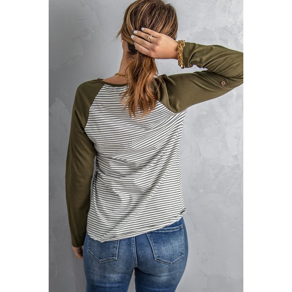 Army Green Raglan Sleeve Splicing Striped Top with Pocket