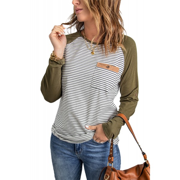 Army Green Raglan Sleeve Splicing Striped Top with Pocket